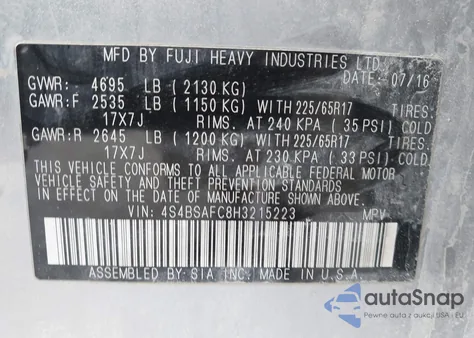 2017 Subaru Outback 2.5I Premium z USA, uszkodzony, nr VIN 4S4BSAFC8H3215223